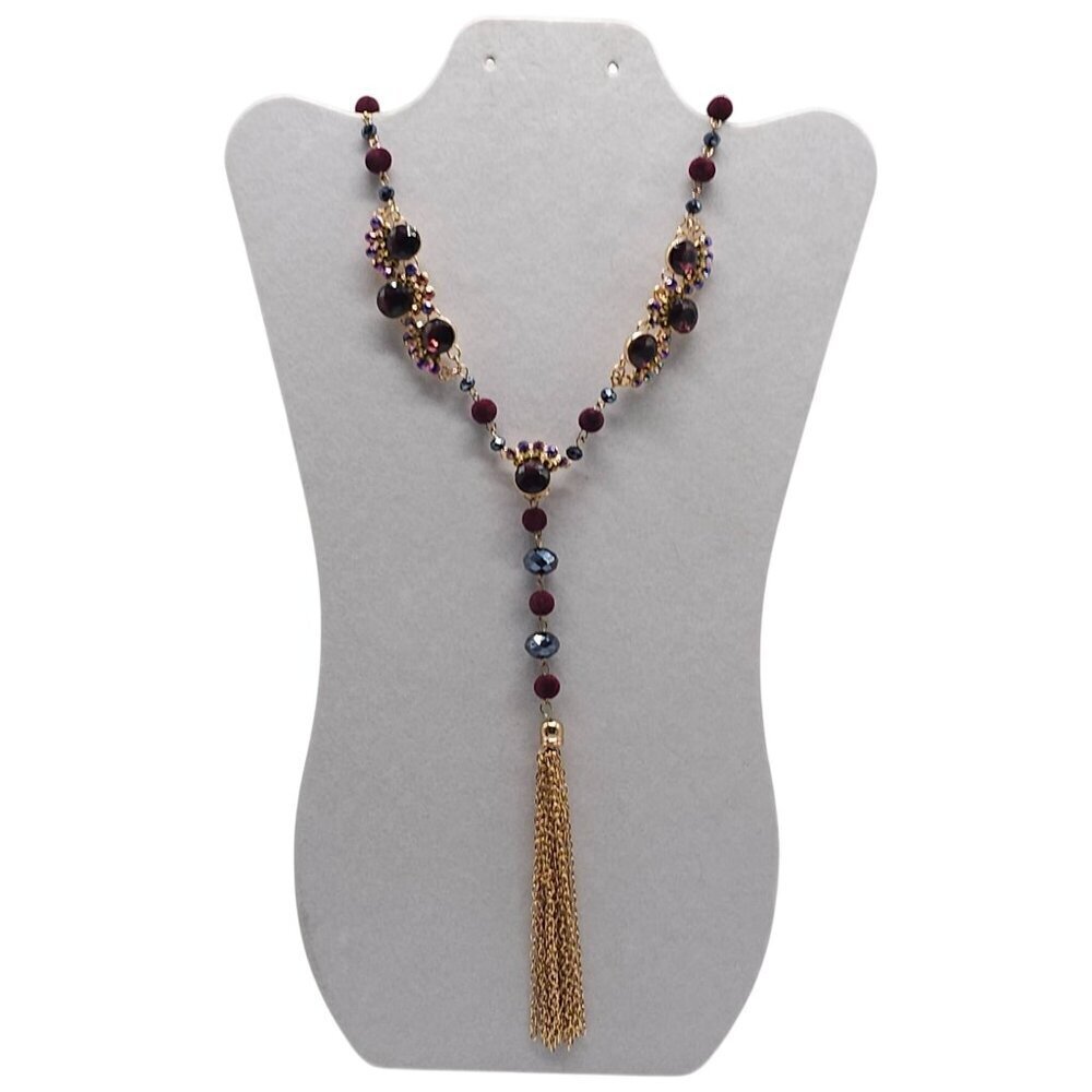 Elegant Gold Chain Necklace Red Beads Rhinestones Tassel Pendant Adjustable